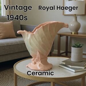 Vintage Royal Haeger R301 Double Leaf Fan Vase Pink And Touquoise Made In USA